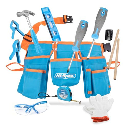 Hi-Spec Kids Tool Set with Tool Belt for Real Child-Sized STEM DIY, Blue - color: Blue, size: 16 Piece