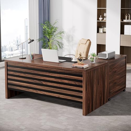 Tribesigns 62.2" L-Shaped Executive Desk with Mobile File Cabinet - color: Dark Brown and Black