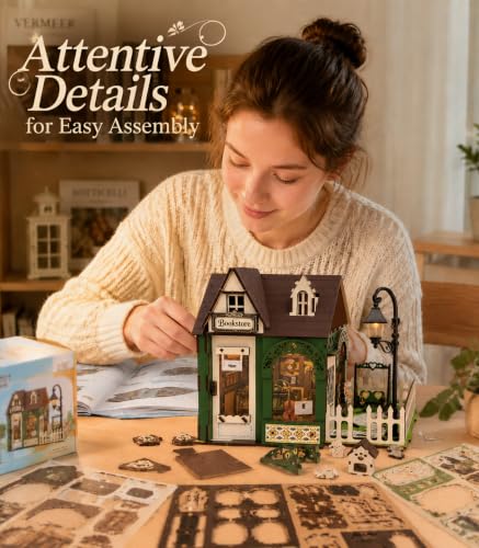 Town Bookstore Book Nook Kit, DIY Miniature Dollhouse with LED Lights, Mini Bookshelf Insert Decor for Adults & Teens, Creative Craft Gift for Family, Friends & Book Lovers - style: Town Bookstore