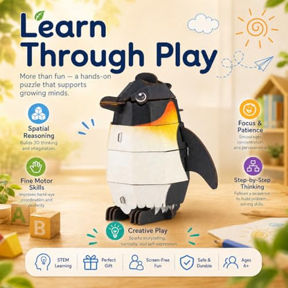 MierEdu Build 'N' Sound 3D Puzzle for Kids, Animal Puzzle with Sound Module, Educational STEM Craft Kit, FSC Paper Model Building Toy Gift for Ages 6+ - color: Emperor Penguin