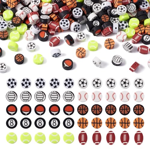 Elecrelive 200Pcs Sports Ball Clay Beads Basketball Rugby Volleyball Football Baseball Beads 10 Styles Polymer Clay Charms for Friendship Bracelets Necklace Jewelry Making - color: 10 Colors, Sports