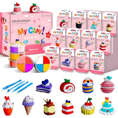 Kids Clay Air Dry Clay for Kids - Air Drying Modeling & Sculpting Kit,DIY 12 Box Food Dessert Cake Theme Arts & Crafts Clay Set,Ultra Soft Non-Sticky Bulk Party Favors & Party Crafts for Girls & Boys - color: Pink - Food Cakes Theme