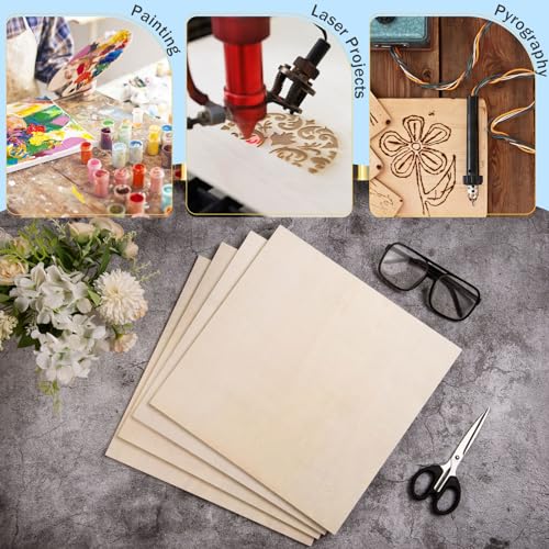 AWIZOM 4 Pack Basswood Sheets for Crafts 12x12x1/2 Inch-12mm Thick Unfinished Plywood Sheets Wood Square Boards for DIY Projects, Painting, Engraving, Wooden Burning, Laser Projects, Model Making