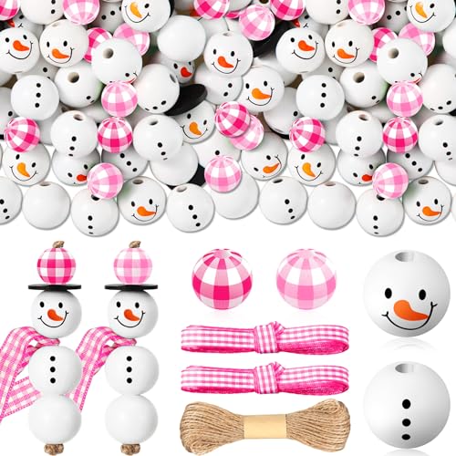 Landical 180 Piece Summer Christmas in July DIY Christmas Snowman Wooden Bead Crafts DIY Ornaments Buffalo Plaid Wood Round Bead Xmas Print Wooden Beads with Twine Scarf for Crafts(Pink Color) - color: Pink Color