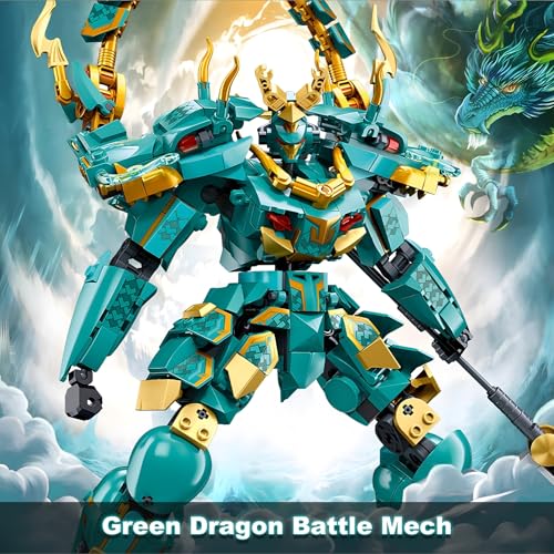 HIGH GODO Mech Robot Building Blocks Set for Adults, Cool Green Dragon Warrior Model Kit with Long Spear Toy Playset, 704 Pieces Collectible Mythical Ninja Gifts for Teens Ages 14+ - color: Green