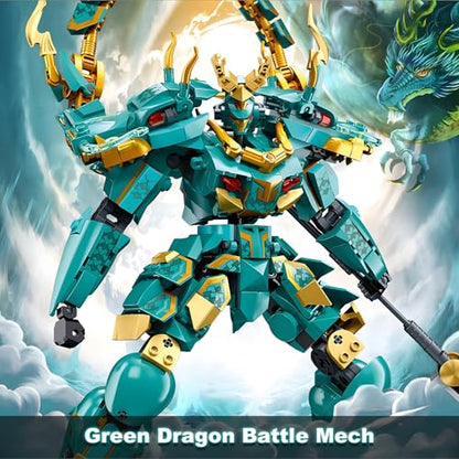 HIGH GODO Mech Robot Building Blocks Set for Adults, Cool Green Dragon Warrior Model Kit with Long Spear Toy Playset, 704 Pieces Collectible Mythical Ninja Gifts for Teens Ages 14+ - color: Green