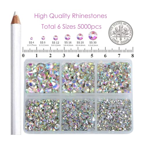 Bymitel 5000 Pieces 6 Mixed Sizes Glue Fix on Glass Rhinestones Round Crystal Gems Flatback for DIY Jewelry Making with one Picking Pen (6-Sizes 5000PCS, Crystal AB) - color: Crystal AB, size: 6-SIZES 5000PCS
