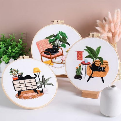 KEKEMEOW 3 Sets Embroidery Kit for Beginners, Stitches with Black Cat and Furniture, Embroidery Stitch Practice kit for Craft Lover, Needlepoint Hand Embroidery Kit with Pattern、Instruction、Hoop - color: Cat&Furnishings