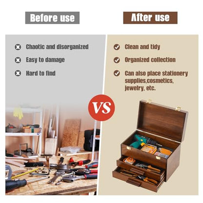 Weysat 14 Inch Wooden Tool Box 2 Drawers Storage Metal Latch - size: 14 Inch