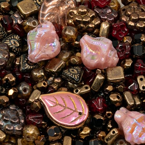 1.4oz (40g) Mix of Czech Glass Beads, Flowers, Leaf Beads, Murex Shell Beads, Grape Beads, Hand Made Set Kit, Bronze Red Pink - color: Bronze Pink Muex