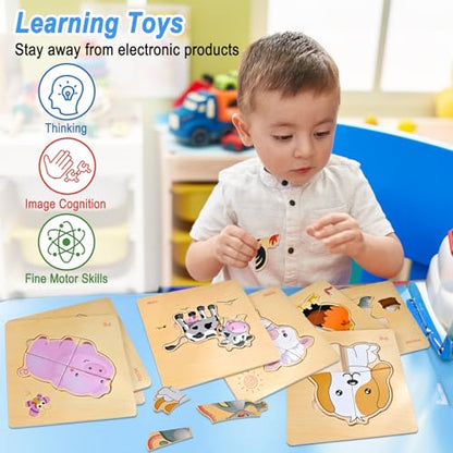8pcs Wooden Puzzles for Toddlers 1-2-3-4, Farm Puzzles Ages 1-2-3-4 - style: Farm Animal
