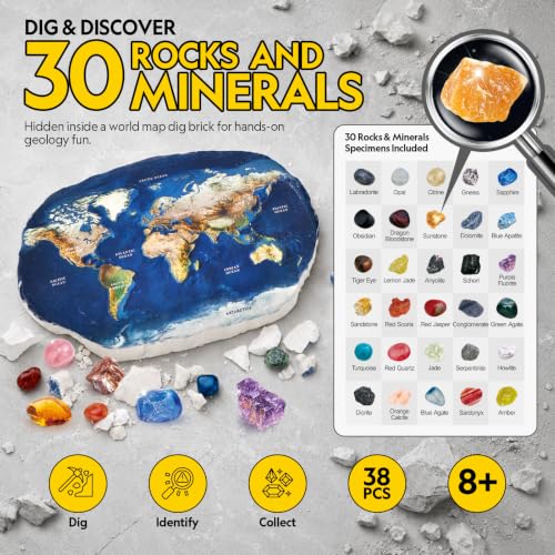 CubicFun World Map Gemstone Dig Kit for Kids 8-12, 30 Rocks & Minerals