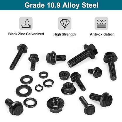 SATANTECH 272Pcs Flange Hex Bolts and Nuts Kit,M6 Bolt,M8 x1.25 Bolts,M10-1.5, Metric Bolt Assortment,Alloy Steel Class 10.9 Black Zinc Plated,Full Coarse Thread (12mm to 30mm) - color: Black Flange M6 M8 M10 Hex Bolt