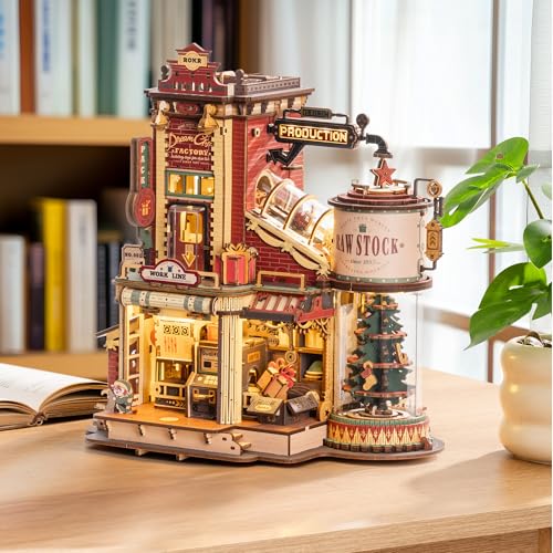 ROKR 3D Puzzle for Adults Christmas Dream Gift Factory Wooden Model Kit Luminous Factory DIY Dollhouse Kit Building with Music, Lights and 5 Elves for Adults