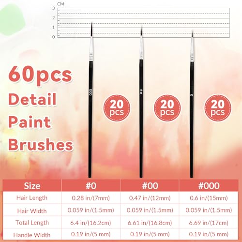 60 Pcs Tiny Detail Paint Brushes Set, Micro Small Paint Brush with 3 Sizes, Mini Miniature Thin Fine Tip Liner Paintbrushes for Nail Art Watercolor Crafts Oil Acrylic Painting Models Detailing Sculpt