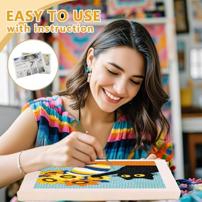 Doodlream Black Cat Sunflower Needle Kit for Beginner, 9.4"x 9.4" Cute Animal Flower Punch Stitching Craft Set, DIY Embroidery Starter with Printed Frame, Instruction, Threader, Yarn, Pinch Needle - color: Cat Sunflower