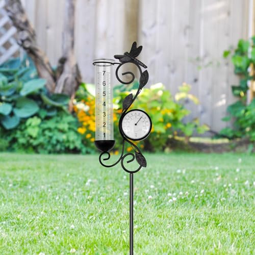 36in Dragonfly Rain Gauge Thermometer Black Metal Garden Stake Decor - color: Black Dragonfly