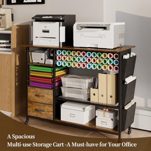 VENNQD Large Heat Press Table Stand, Rolling Heat Transfer Machine Desk Cart Drawers Compatible with Cricut Machines Vinyl Roll Holder DIY Organizer Crafting Table Workbench (Rustic Brown) - color: Rustic Brown