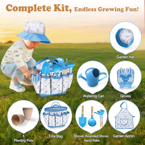 Kids Gardening Tool Set 13PCS Outdoor Toys Tote Bag Watering Can Apron Blue - color: Blue