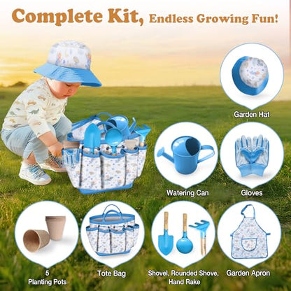 Kids Gardening Tool Set 13PCS Outdoor Toys Tote Bag Watering Can Apron Blue - color: Blue