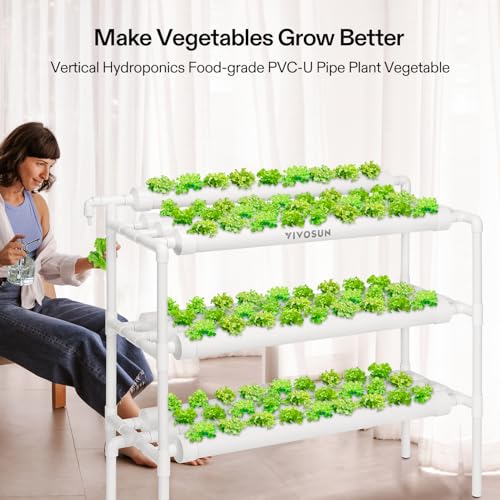 VIVOSUN Hydroponics Growing System 90 Plant Sites, 3 Layers 10 Food-Grade PVC-U Pipes Hydroponic Gardening System Grow Kit with Water Pump, Pump Timer, Nest Basket and Sponge for Leafy Vegetables - size: 90