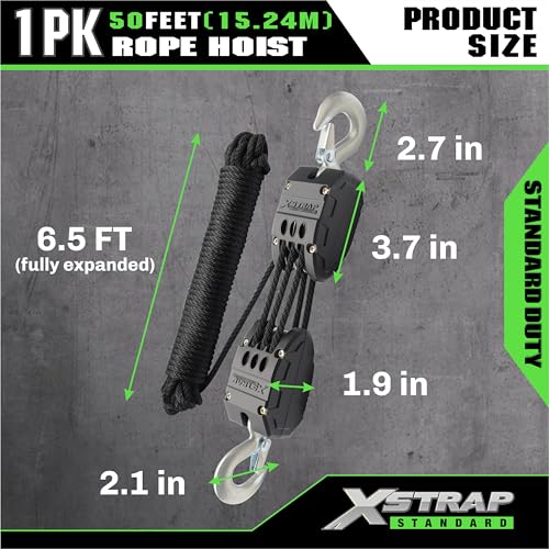 XSTRAP STANDARD 50FT Rope Hoist Pulley Block & Tackle 5:1 System, Black - color: 50 Ft+Black+2 Soft Loops