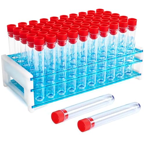 50 Pcs 16 x 100 mm Clear Plastic Test Tubes with Caps and Rack, 12 ml Laboratory Tubes and Holder Set for Science Experiments, Classroom, Nurse Graduation Decor, and Halloween Party Favors