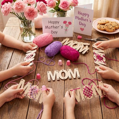 Kathfly 24 Sets Mother's Day Wooden Craft Kit, Wood Mom String Craft Ornaments with Yarn and Plastic Weaving Tools, DIY Lacing Art Hanging Decorations for Activities Handcraft Gifts - style: Mom