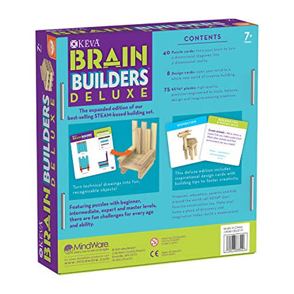 MindWare Keva Brain Builders Deluxe: STEM Building Toy Includes 75 KEVA Planks, 40 Puzzle Cards, 8 Design Cards, 3D Building Skills for Kids - Ages 7+