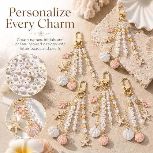 Mavsigak 776 Pcs DIY Keychain Making Kit, Seashell Key Chain Craft Set with Starfish Seahorse Pearl Letter Beads, Keychain Clips and DIY Accessories for Backpacks Purse Tote Bag Charm Kit