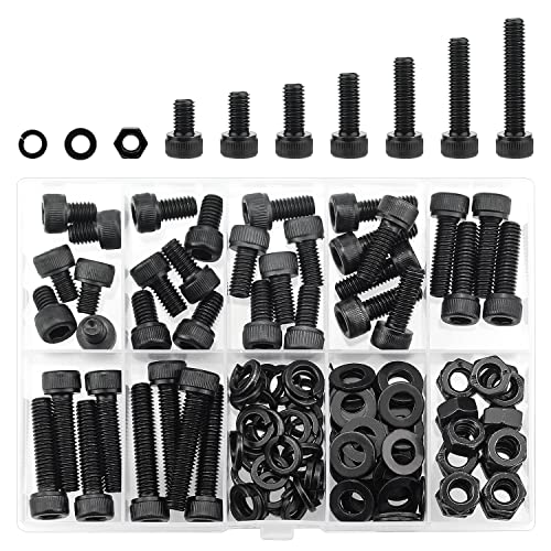 HELIFOUNER 128 Pieces M6 x 8mm /10mm /12mm /16mm /20mm /25mm /30mm, Hex Socket Head Cap Screws Bolts Washers Nuts Kit, 12.9 Grade Alloy Steel, Full Threaded, Black - size: M6, style: Socket Head