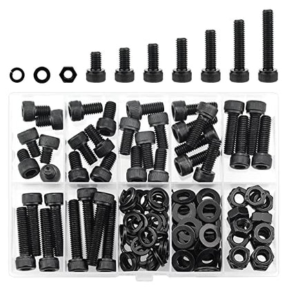 HELIFOUNER 128 Pieces M6 x 8mm /10mm /12mm /16mm /20mm /25mm /30mm, Hex Socket Head Cap Screws Bolts Washers Nuts Kit, 12.9 Grade Alloy Steel, Full Threaded, Black - size: M6, style: Socket Head