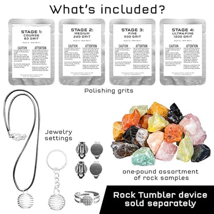 The Thames & Kosmos Rock Tumbler Refill Pack for use with The Thames & Kosmos Rock Tumbler, Essential STEM Tool for Kids | Includes Rough Rocks, Polishing Grit, Jewelry Settings