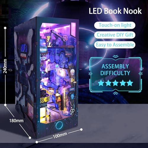 Cyberpunk Book Nook Kit with LED Light - 3D Wooden Puzzles Book Nook for Book Shelf Decor - DIY Dollhouse Kit - Excellent Create Your Own Cyberpunk World (Endless Dimensions)