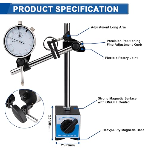 Dial Indicator with Magnetic Base, 0-1"×0.001" Precision Dial Test Indicator Set, Adjustable Long Arm Magnetic Dial Indicator Base Holder for Workshop, Lab & Mold Making