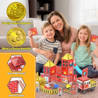 Magnetic Tiles Fire Truck Set,Magnet Blocks for Kids Ages 4-8 Boy STEM Toys - style: 56PCS Fire Station Magnetic Tiles