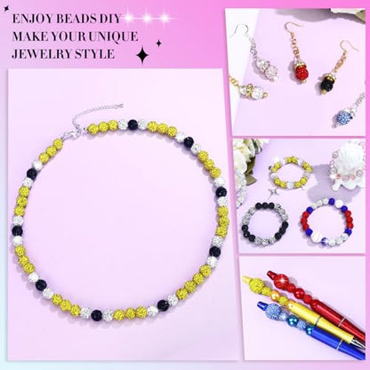 Dowarm 255PCS 10mm Rhinestone Beads for Baseball Rhinestone Necklace Bracelet Jewelry Making, Round Polymer Clay Beads for Crafts Beaded Pen, Shamballa Pave Disco Diamond Bead, Yellow|Black|White - color: 09-Yellow | Black | White