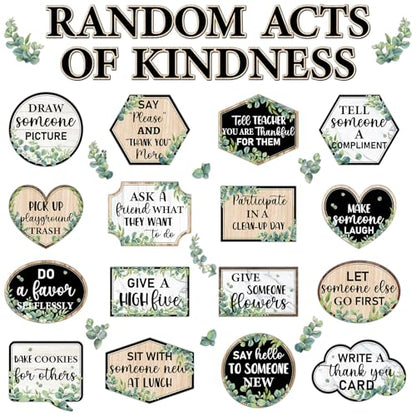 QOUBAI Greenery Random Acts of Kindness Bulletin Board Set Eucalyptus Classroom Bulletin Board Decorations Kindness Challenge Cutouts Classroom Decorations for Back to School Office Chalkboard Decor - style: Greenery