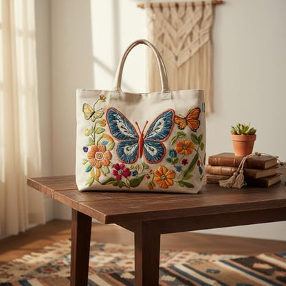 ARTopet 2Pcs Embroidery Tote Bag Kit for Beginners Butterfly Canvas Cross Stitch Handbag with Hoops Needles Threads Reusable Grocery Bag for Women-01 - color: 2Pcs-01