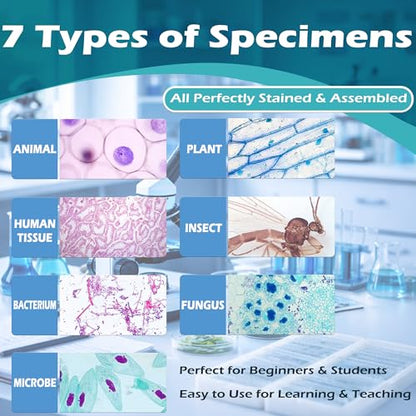 Prolee 200 Packs Microscope Slides, 100 Plants & 100 Animal Tissues Includes Labels and Case for Biological Science Education