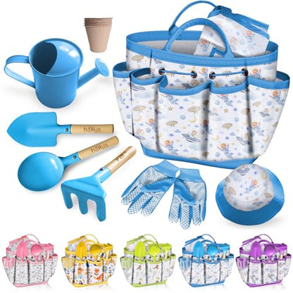 Kids Gardening Tool Set 13PCS Outdoor Toys Tote Bag Watering Can Apron Blue - color: Blue
