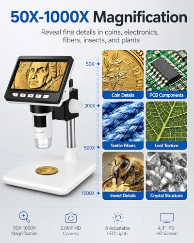 Digital Coin Microscope 1000X, 4.3" LCD Coin Magnifier with Screen for Error Coins, 1080P USB Microscope with 8 Adjustable LED Lights, Photo & Video, Built-in Storage, Compatible with Windows/MacOS - color: White
