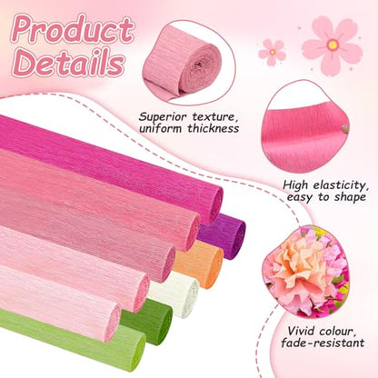 Crepe Paper Streamers 10 Rolls–Pastel Paper Flower Kit with 100 Stems&Tools - color: Pink
