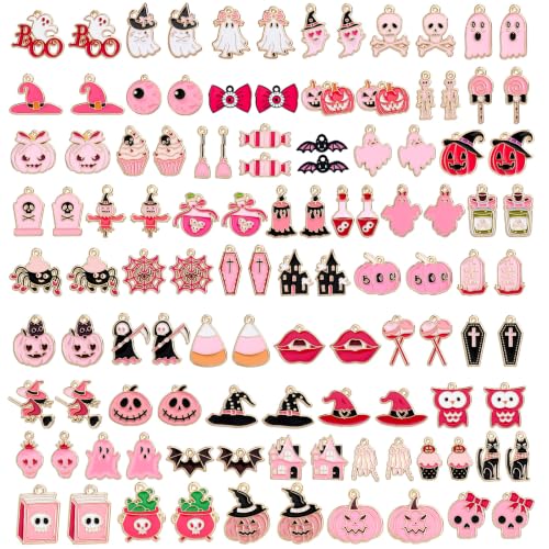SANNIX 110Pcs 55 Pairs Pink Halloween Charms Bulk Cute Enamel Jewelry Charm - style: Pink Halloween Charms