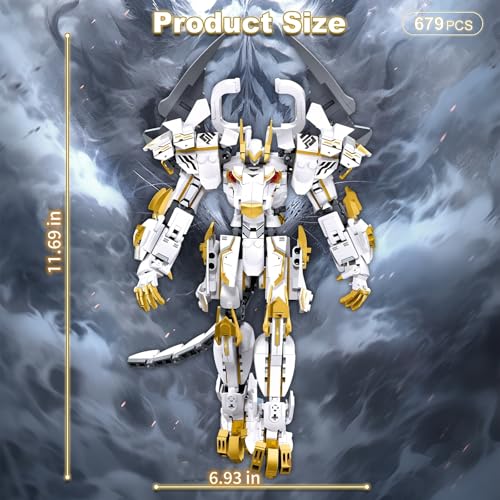 HIGH GODO Mech Robot Building Blocks Set for Adults, Flexible Cool White Tiger Warrior Model Kit with Two-Handed Axes Weapon Toy Playset, 679 Pieces Creative Mythical Ninja Gifts for Man Teens 14+ - color: White-1