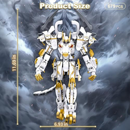 HIGH GODO Mech Robot Building Blocks Set for Adults, Flexible Cool White Tiger Warrior Model Kit with Two-Handed Axes Weapon Toy Playset, 679 Pieces Creative Mythical Ninja Gifts for Man Teens 14+ - color: White-1