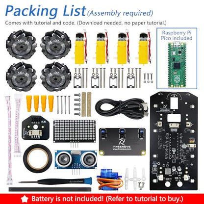 Freenove Mecanum Wheel Car Kit for Raspberry Pi Pico (Included) (Compatible with Arduino IDE), Dot Matrix Expressions, Obstacle Avoidance, Line Tracking, Light Tracing, Colorful Light - color: Mecanum Wheels with Raspberry Pi Pico