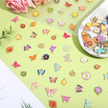 SANNIX 110Pcs/55 Pairs Mixed Flower Butterfly Charms for Jewelry Making - style: Flower Butterfly Charms