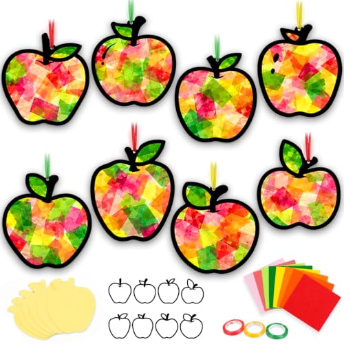 32 Sets Back to School Apple Suncatchers Craft Kit DIY Autumn Window Stained Glass Effect Colorful Apples Paper Crafts First Day of Classroom Activities Home School Window Decor Activity Gift Favor