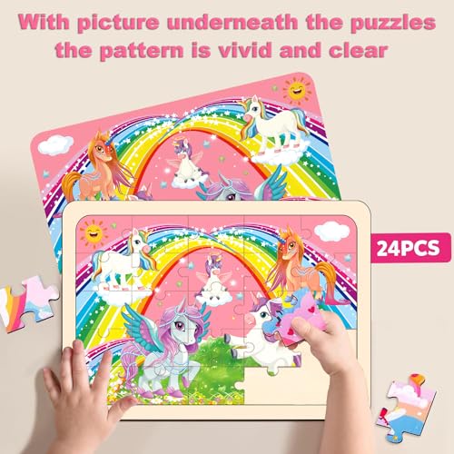 Wooden Jigsaw Puzzles for Kids Ages 4-6, 4-Pack 24-Piece Castle Puzzles Toy - color: Girls